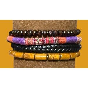 Boho Bracelets - Mixed 4 Piece Set - Adjustable Stackable- Wood Tapestry